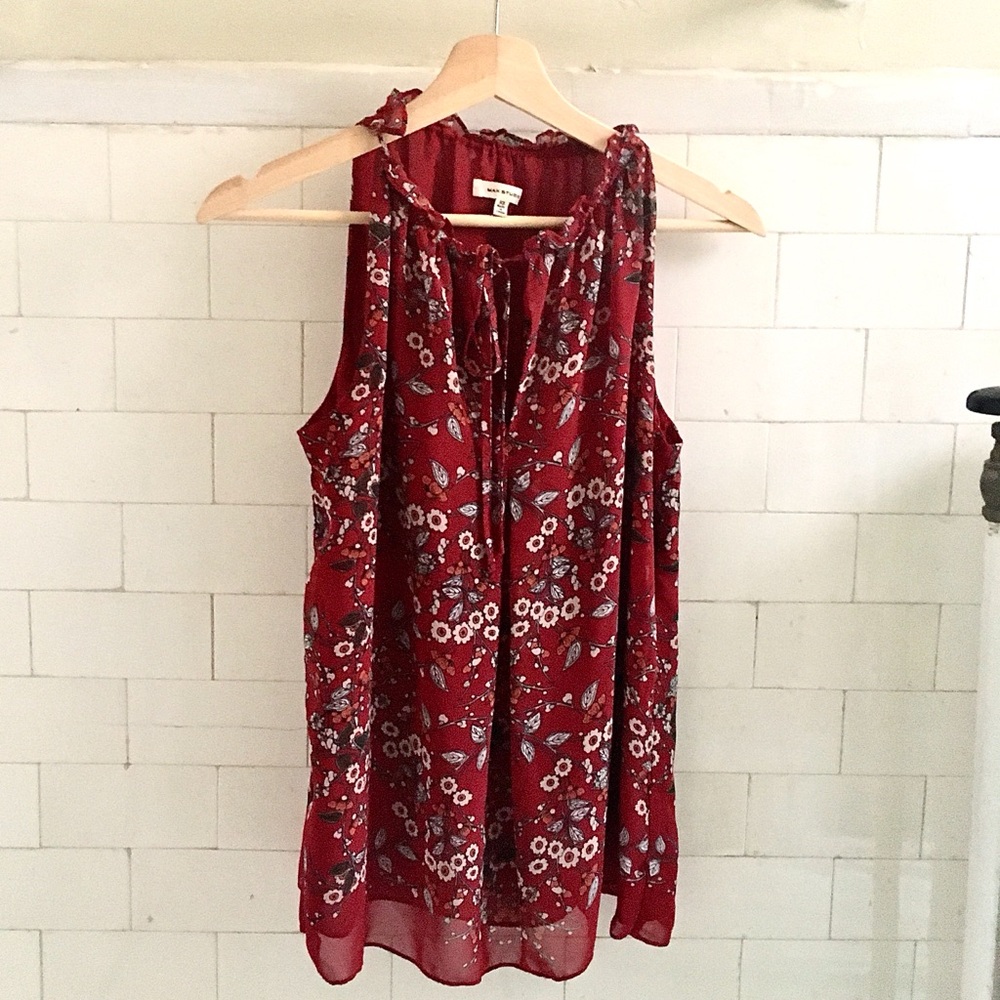 Red Flower Tie Front Top